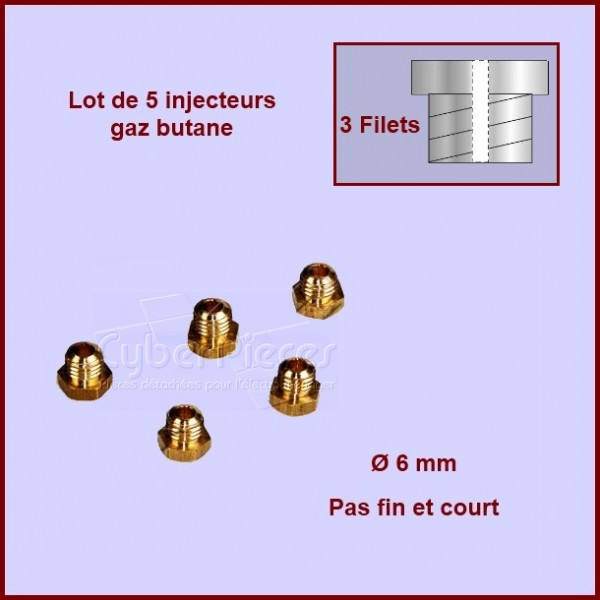 Jeu de 5 injecteurs standard pour gaz butane Ø6mm avec pas fin et court Jeu de 5 injecteurs standard pour gaz butane Ø6mm avec pas fin et court