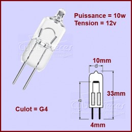 Ampoule halogène G4 12V 10W résist.à la temp. 500°C