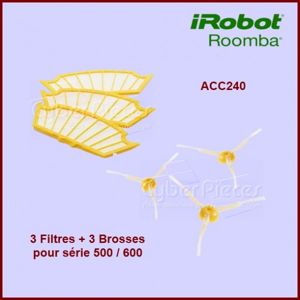 Pack 3 Filtres + 3 Brosses latérales pour Irobot ROOMBA ACC240 CYB-208819