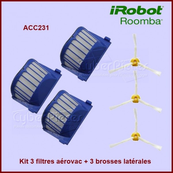 Kit de 3 filtres Aérovac + 3 brosses latérales pour Irobot ROOMBA - ACC231 CYB-109895