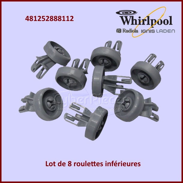 Lot de 8 roulettes de panier inférieur Whirlpool 481252888112