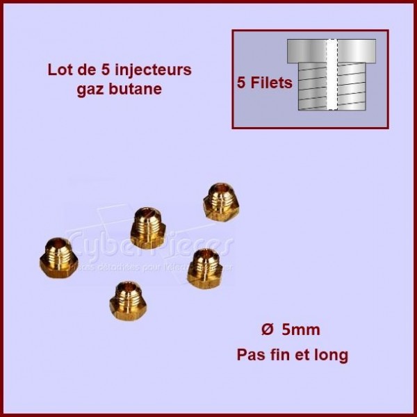 Jeu de 5 injecteurs standard pour gaz butane Ø5mm avec pas fin - Pi