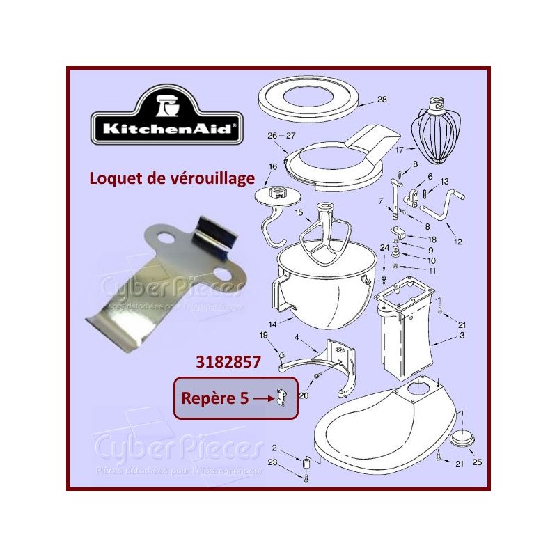 Languette de verrouillage du bol Kitchenaid 3182857 WP3182857 CYB-126380