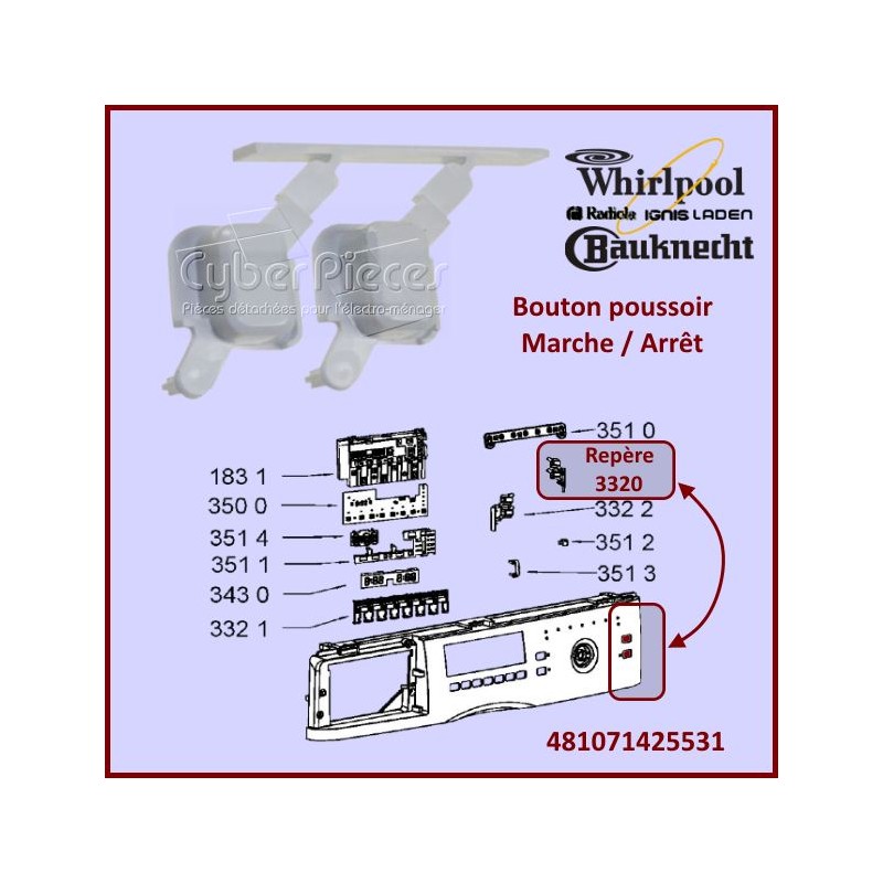 Bouton poussoir Whirlpool 481071425531 CYB-053815