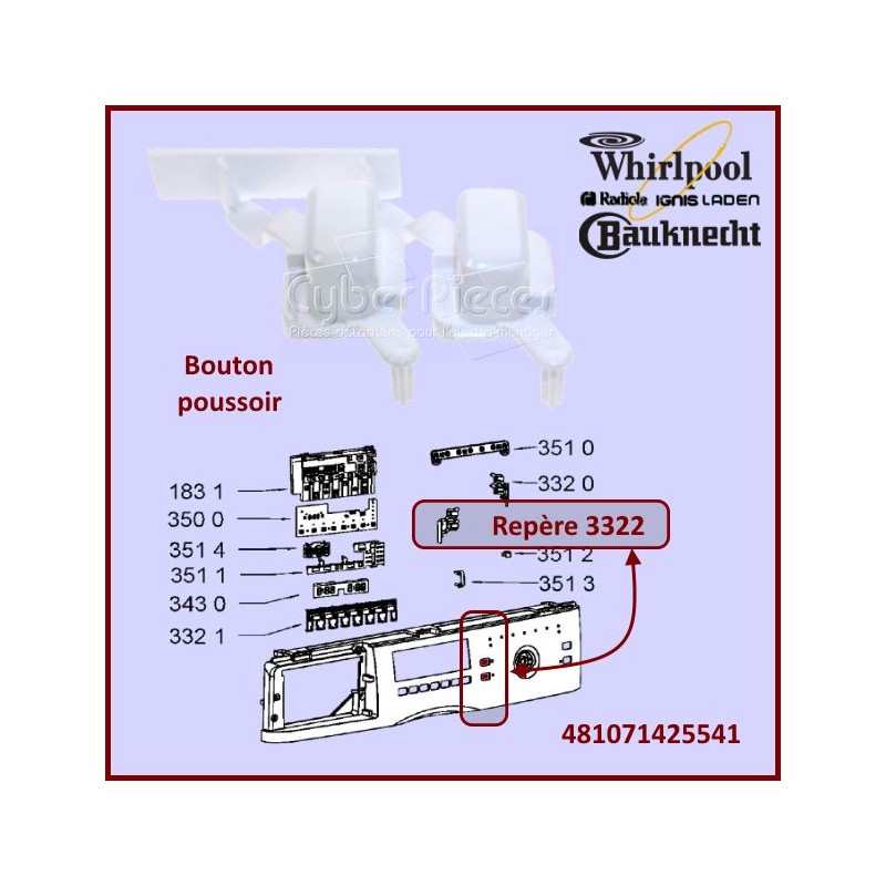 Bouton poussoir Whirlpool 481071425541 CYB-083898