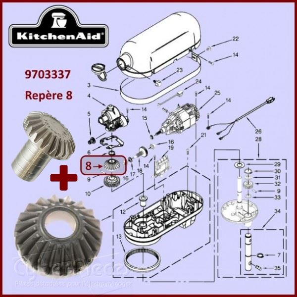 Engrenage Conique 19 dents avec pignon KitchenAid W11192795 CYB-351454