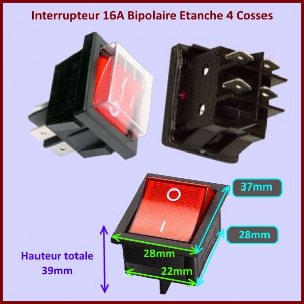 Interrupteur à bascule bipolaire, 250V, On-Off, lumineux rouge