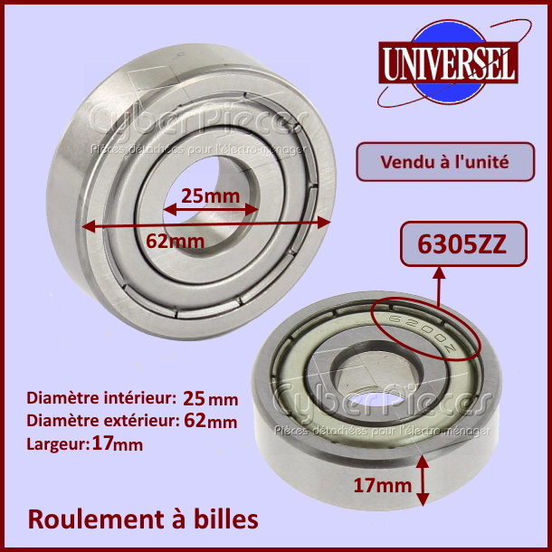 Roulement 6305ZZ - 25x62x17mm