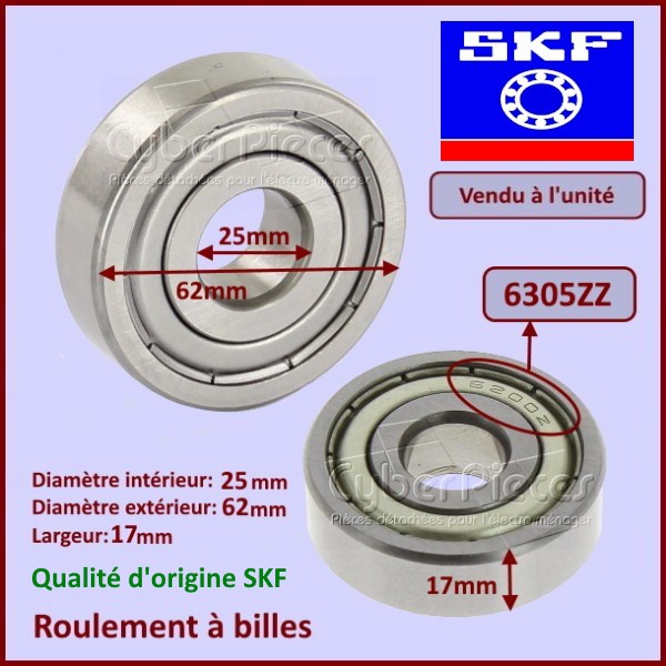 Roulement 6305ZZ - 25x62x17mm