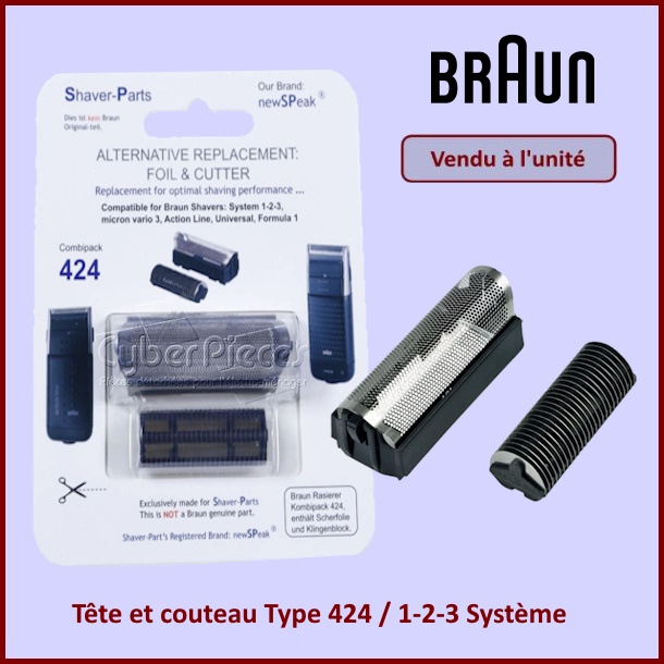 Tête et couteau de rasoir 424 / 1-2-3 Système Braun 81416568 - Version adaptable - Pièces hygiène