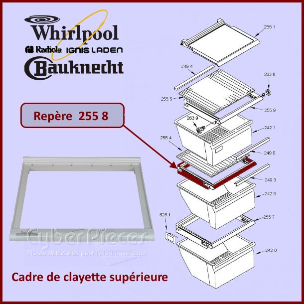 Cadre de clayette du Bac Superieur Whirlpool 481241828361 - Pièces ...