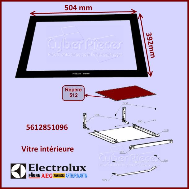 Vitre intérieure 504X392mm Electrolux 5612851096 - Pièces four