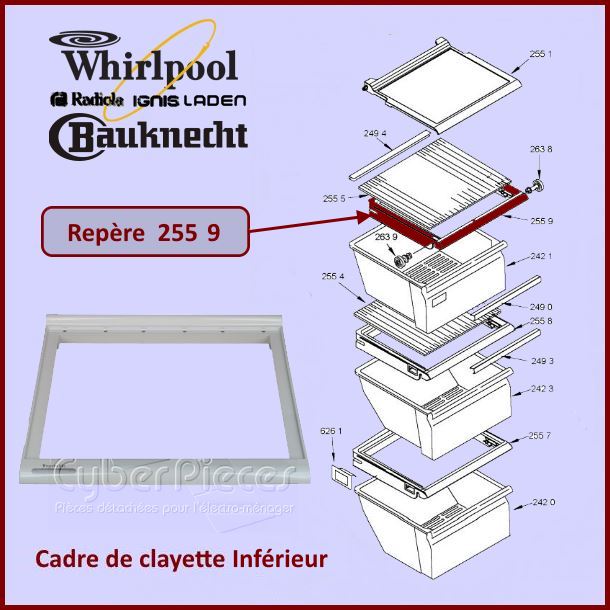 Cadre de clayette du Bac Inferieur Whirlpool 481245088457 - Pièces ...