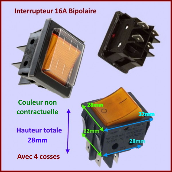 Interrupteur Rouge 16A Bipolaire étanche - 4 Cosses (universel, Neuf)