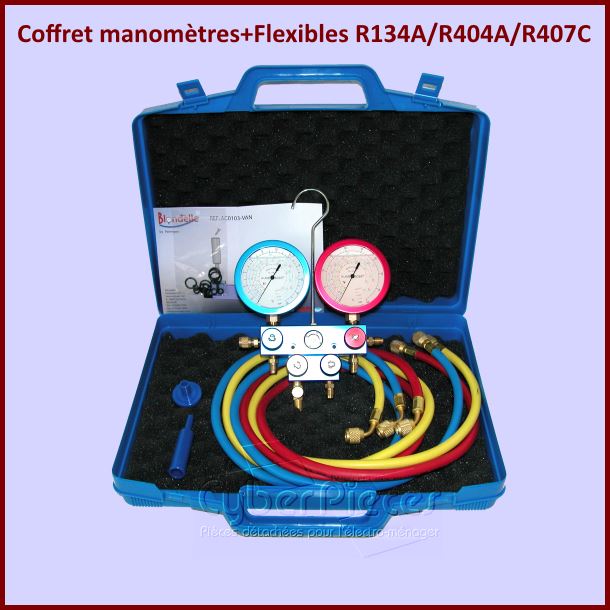 Coffret manomètres+Flexibles gaz R134A/R404A/R407C - Pièces réfrigé...