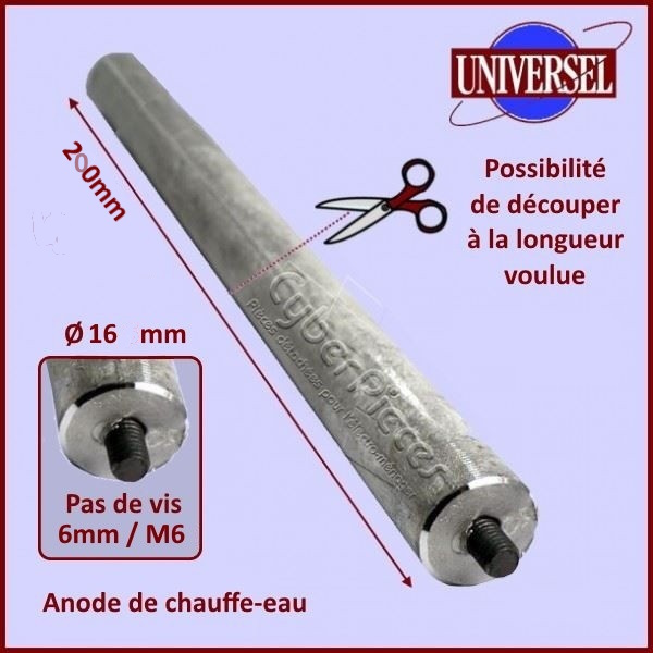 Anode de chauffe-eau 200mm - Diamètre 16mm - M6