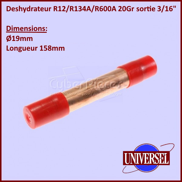 Deshydrateur R12/R134A/R600A D.19mm L.158mm 20Gr Sortie 3/16"