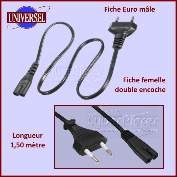 Cordon 1,5m secteur Euro / Femelle double encoche C7 - Composants é...