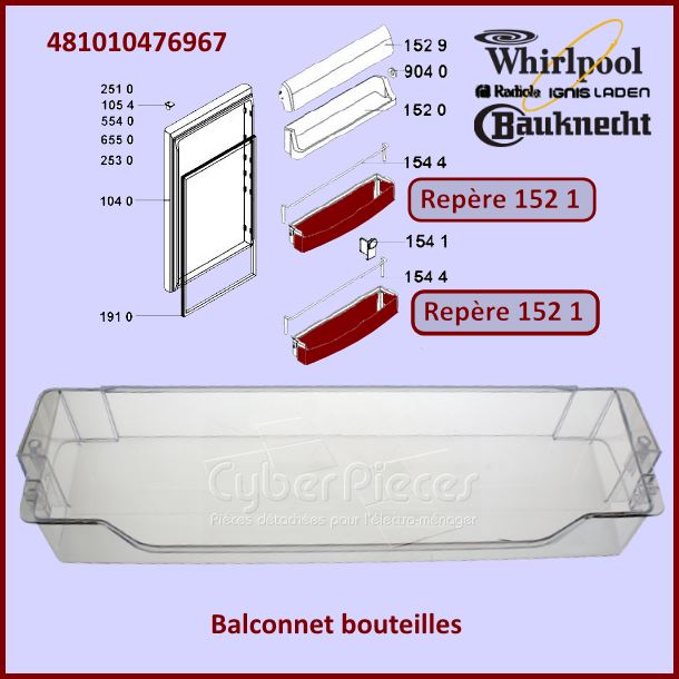 Balconnet Bouteilles Whirlpool 481010476967 - Pièces réfrigérateur ...
