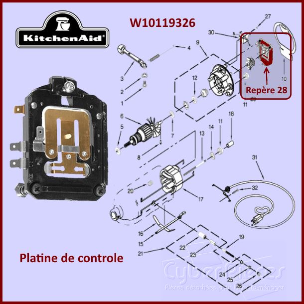 Platine de contrÃ´le Kitchenaid 4162402 W10119326 - PiÃ¨ces robot pÃ¢t...