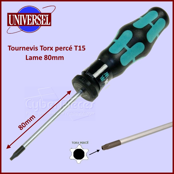 Tournevis Torx percé n°15 - lame 80mm APIEX -  Pièces machine à laver