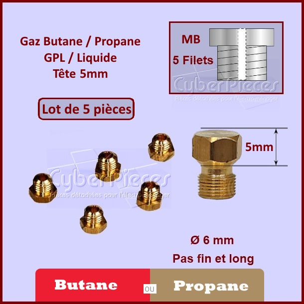 Injecteurs standard H5mm gaz butane ÃÂ6mm avec pas fin et long
