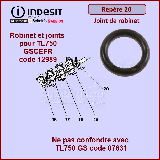 Joint de robinet Indesit C00130943 (repère 20) - Pièces table de cu...
