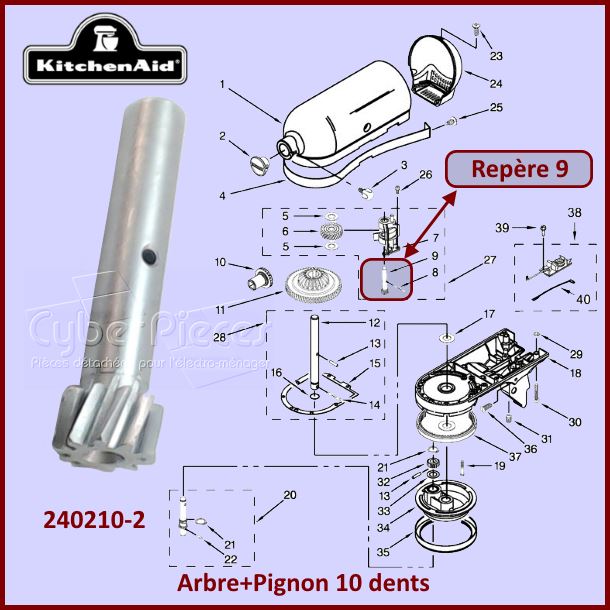 Tige avec pignon 10 dents Kitchenaid 2402102 - Pièces robot pâtissi...