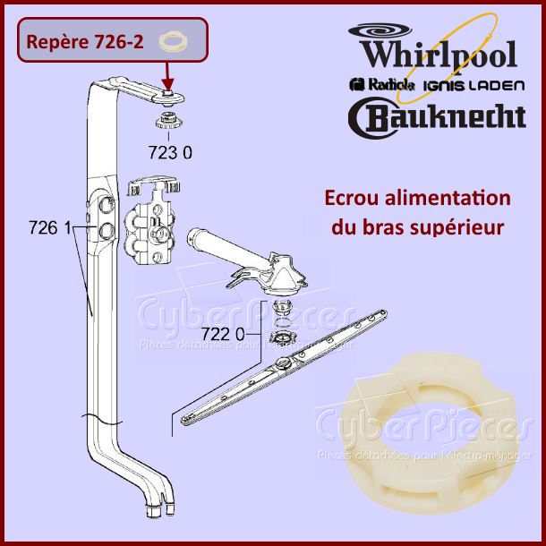 Ecrou de l'alimentation du bras de lavage Whirlpool 481250518208 - ...