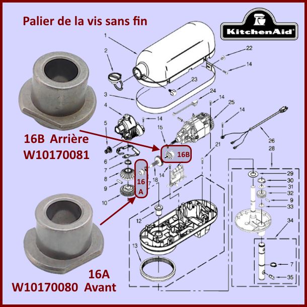 Palier arriere Kitchenaid W10170081 - Pièces robot pâtissier Kitche...