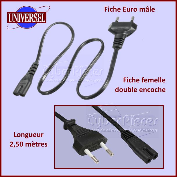 Cordon 2,5m secteur Euro / Femelle double encoche C7 - Composants é...