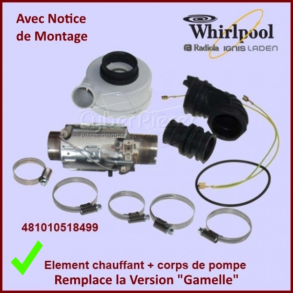 ÃlÃ©ment chauffant 2040 w + corps de pompe Whirlpool 481010518499 - ...