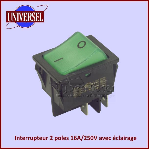 Interrupteur 2 poles 16A/250V avec eclairage vert - Pièces robots m...